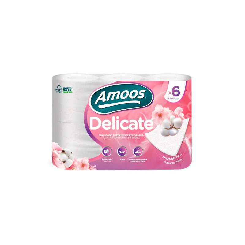 PAPEL HIGIENICO AMOOS DELICATE 3 CAPAS COLOR BLANCO PAQUETE DE 6 ROLLOS 20 M