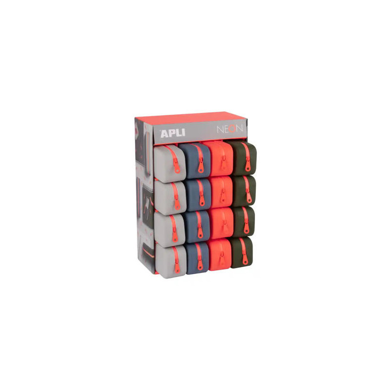 BOLSO PORTATODO APLI SILICONA RECTANGULAR 75X185X55 MM EXPOSITOR DE 16 UNIDADES COLORES SURTIDOS