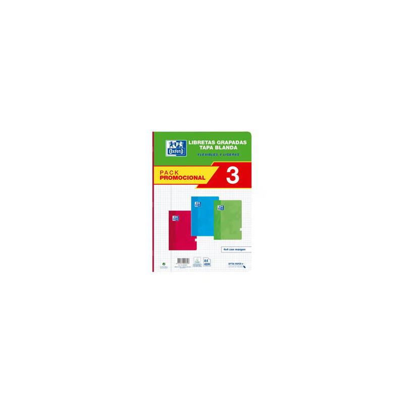 LIBRETA ESCOLAR OXFORD TAPA BLANDA DIN A4 48 HOJAS CUADRO 4 MM PACK DE 3 UNIDADES COLORES SURTIDOS