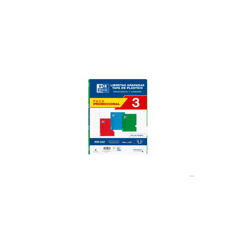 LIBRETA ESCOLAR OXFORD OPENFLEX DIN A4 48 HOJAS CUADRO 4 MM PACK DE 3 UNIDADES COLORES SURTIDOS