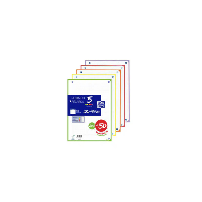 RECAMBIO OXFORD DIN A4 200+50 HOJAS GRATIS CUADRO 5 MM 4 TALADROS CON BANDA 5 COLORES VIVOS