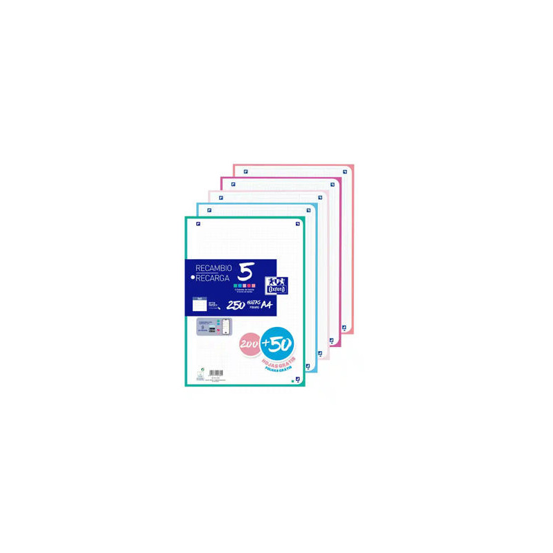 RECAMBIO OXFORD DIN A4 200+50 HOJAS GRATIS CUADRO 5 MM 4 TALADROS CON BANDA 5 COLORES PASTEL