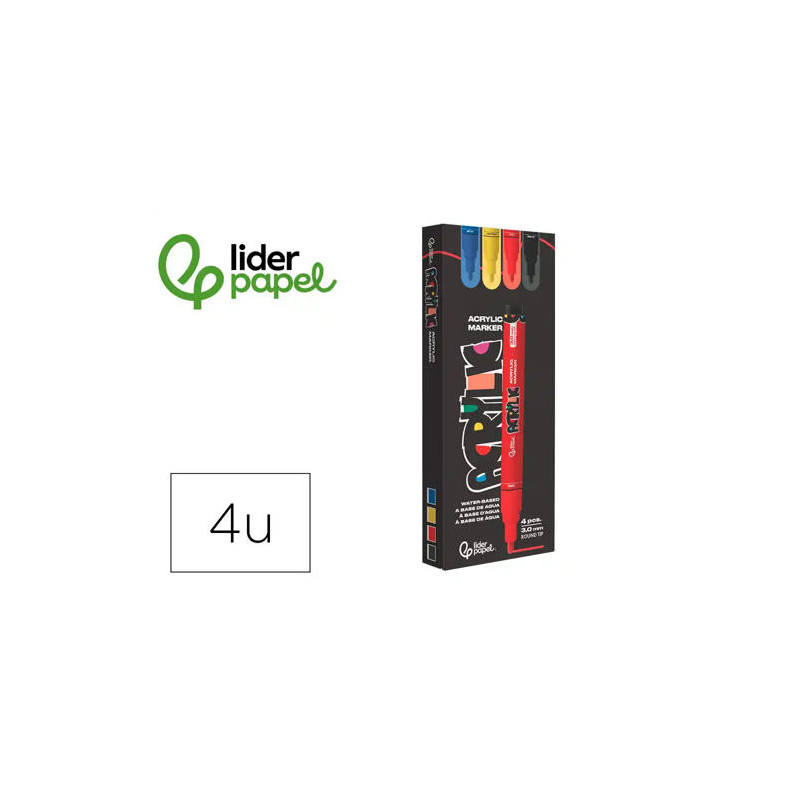 ROTULADOR LIDERPAPEL ACRYLIC BASE AGUA TODO TIPO DE SUPERFICIE PUNTA REDONDA 3 MM CAJA DE 4 UNIDADES
