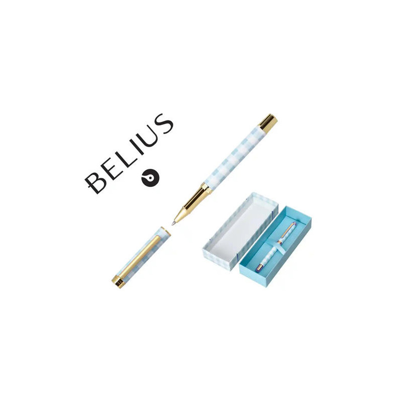 BOLIGRAFO BELIUS PERFECT PICNIC DAY ALUMINIO COLOR AZUL CELESTE DORADO TINTA AZULCAJA DE DISEÑO