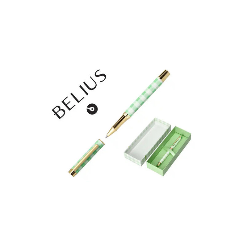 BOLIGRAFO BELIUS PICNIC ALUMINIO COLOR VERDE DORADO TINTA COLOR AZUL CAJA DE DISEÑO