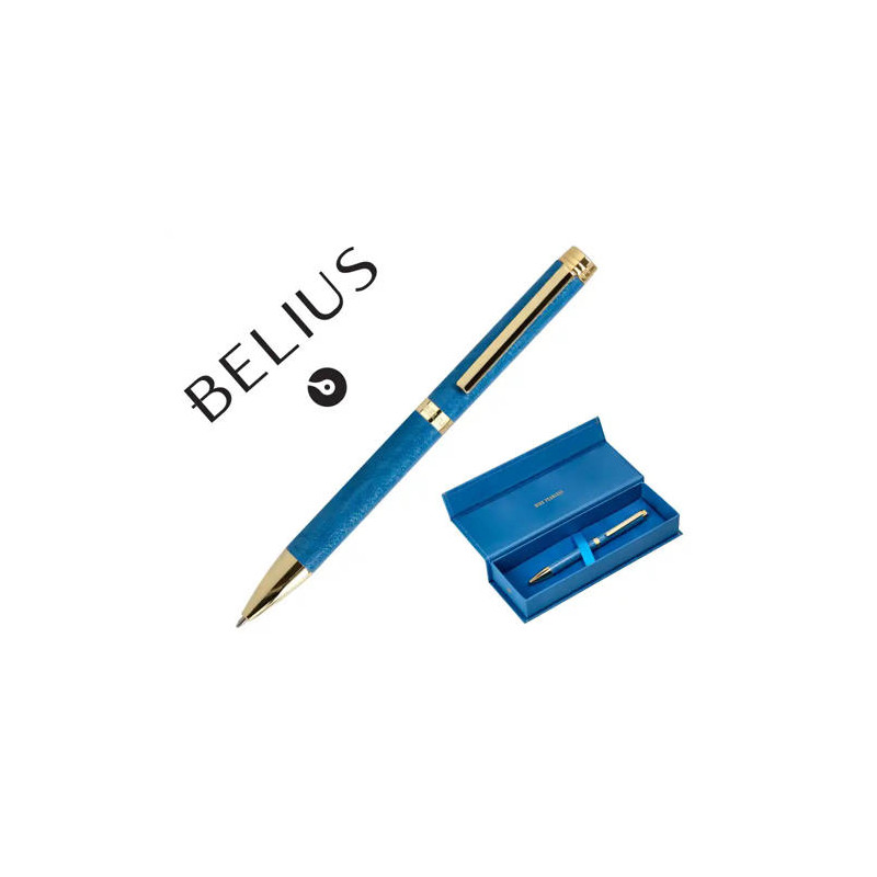 BOLIGRAFO BELIUS WILD WEST ALUMINIO COLOR AZUL MARINO DORADO TINTA COLOR AZUL CAJA DE DISEÑO