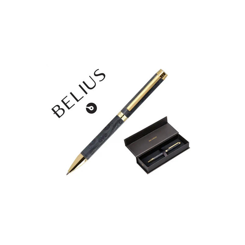 BOLIGRAFO BELIUS WILD WEST ALUMINIO COLOR NEGRO DORADO TINTA COLOR AZUL CAJA DE DISEÑO
