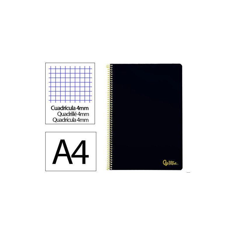 CUADERNO ESPIRAL LIDERPAPEL DIN A4 SMART TAPA BLANDA 80H 75GR CUADRO 4MM CON MARGEN COLOR NEGRO