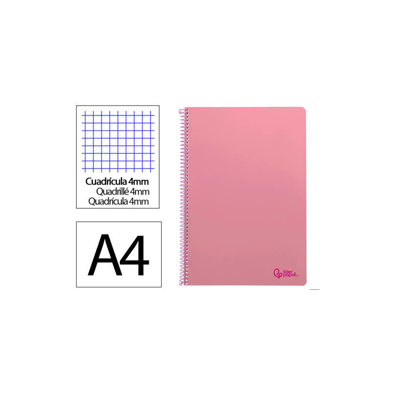 CUADERNO ESPIRAL LIDERPAPEL DIN A4 SMART TAPA BLANDA 80H 75GR CUADRO 4MM CON MARGEN COLOR ROSA