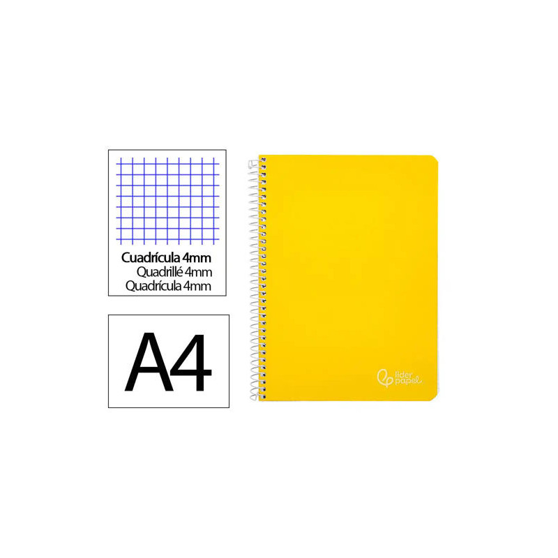 CUADERNO ESPIRAL LIDERPAPEL DIN A4 WITTY TAPA DURA 80H 90GR CUADRO 4MM CON MARGEN COLOR AMARILLO