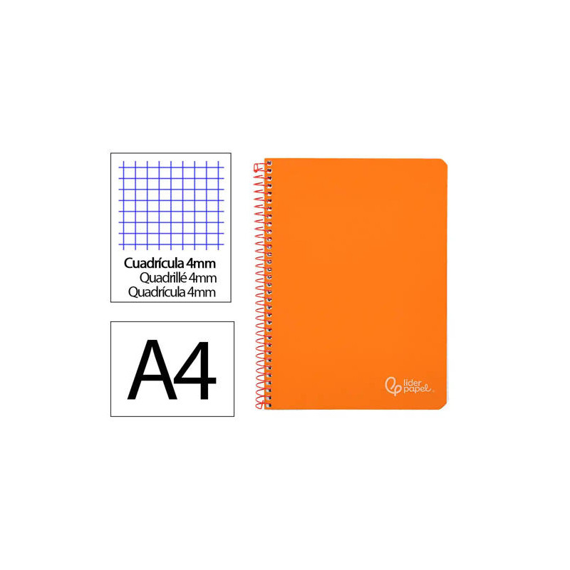 CUADERNO ESPIRAL LIDERPAPEL DIN A4 WITTY TAPA DURA 80H 90GR CUADRO 4MM CON MARGEN COLOR NARANJA