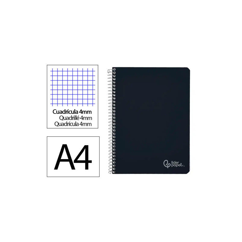 CUADERNO ESPIRAL LIDERPAPEL DIN A4 WITTY TAPA DURA 80H 90GR CUADRO 4MM CON MARGEN COLOR NEGRO
