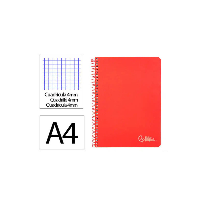 CUADERNO ESPIRAL LIDERPAPEL DIN A4 WITTY TAPA DURA 80H 90GR CUADRO 4MM CON MARGEN COLOR ROJO