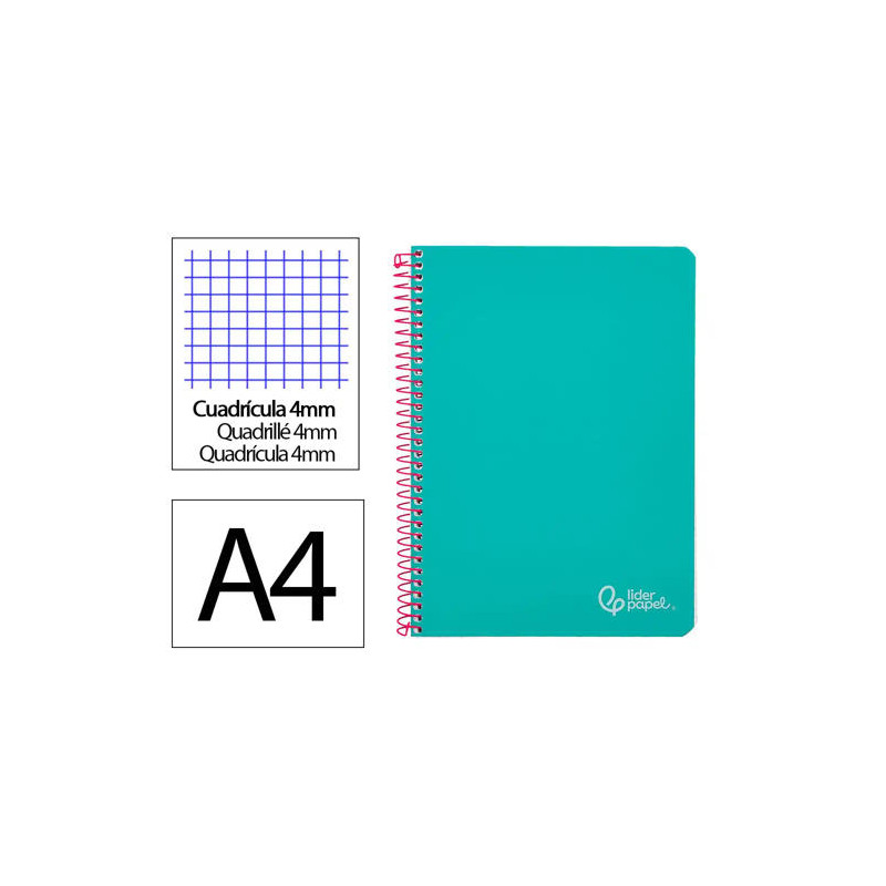 CUADERNO ESPIRAL LIDERPAPEL DIN A4 WITTY TAPA DURA 80H 90GR CUADRO 4MM CON MARGEN COLOR TURQUESA