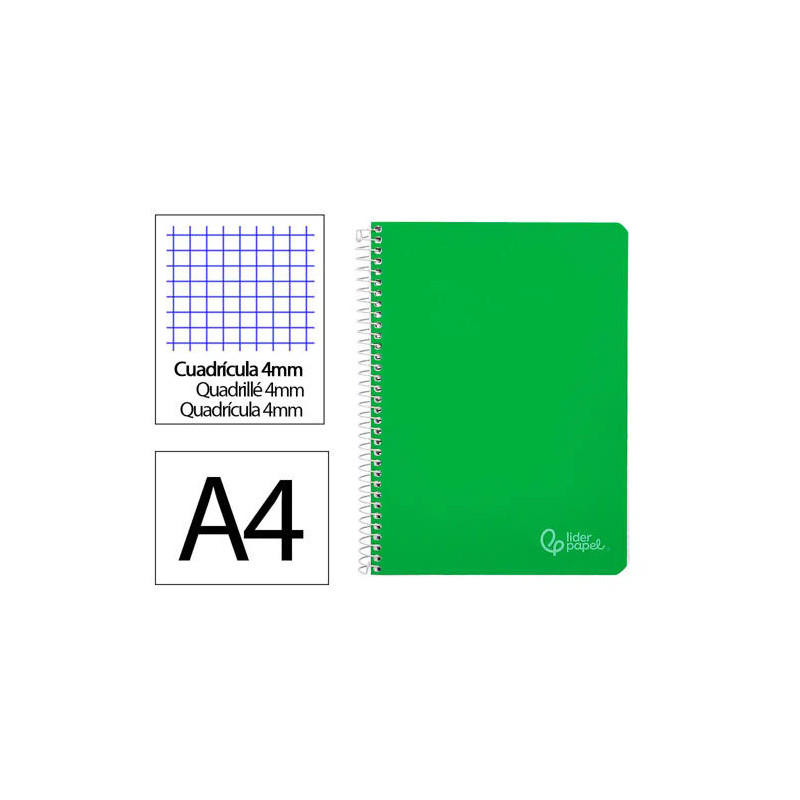 CUADERNO ESPIRAL LIDERPAPEL DIN A4 WITTY TAPA DURA 80H 90GR CUADRO 4MM CON MARGEN COLOR VERDE