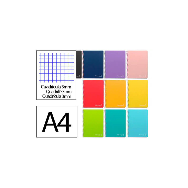 CUADERNO ESPIRAL LIDERPAPEL DIN A4 WITTY TAPA DURA 80H 90GR CUADRO 3MM CON MARGEN COLORES SURTIDOS