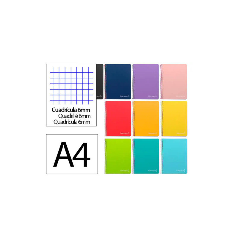 CUADERNO ESPIRAL LIDERPAPEL DIN A4 WITTY TAPA DURA 80H 90GR CUADRO 6MM CON MARGEN COLORES SURTIDOS