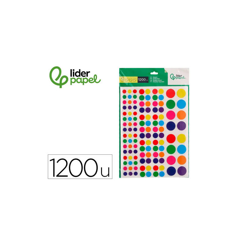 GOMETS LIDERPAPEL AUTOADHESIVO S CIRCULOS COLORES Y TAMAÑOS SURTIDOS BOLSA DE 10 HOJAS 1200 UNIDADES