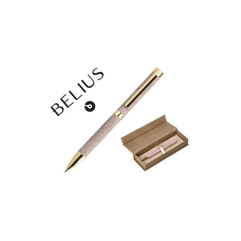 BOLIGRAFO BELIUS WILD WEST ALUMINIO COLOR BEIGE DORADO TINTA COLOR AZUL CAJA DE DISE¥O