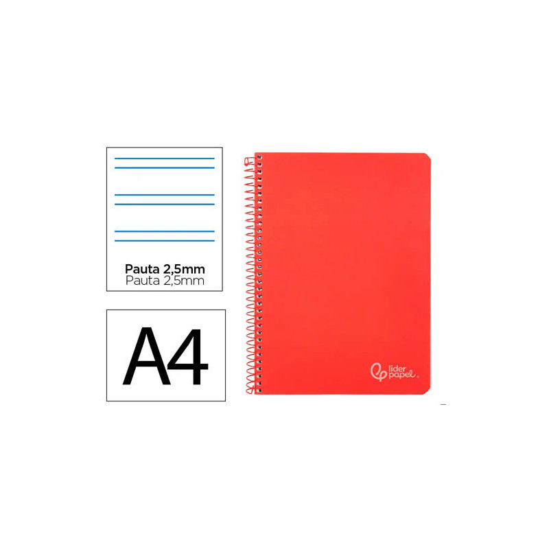 CUADERNO ESPIRAL LIDERPAPEL DIN A4 WITTY TAPA DURA 80H 90GR PAUTA 2,5MM CON MARGEN COLOR ROJO