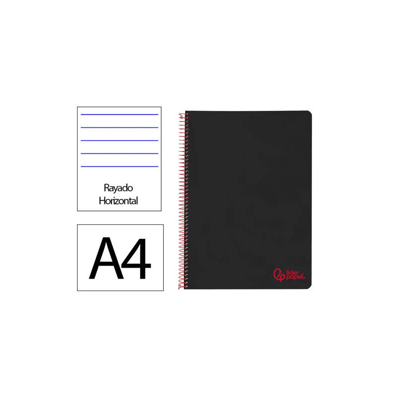 CUADERNO ESPIRAL LIDERPAPEL A4 WONDER TAPA PLASTICO 80H 90GR RAYADO HORIZONTAL CON MARGEN COLOR NEGR