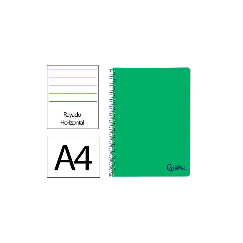 CUADERNO ESPIRAL LIDERPAPEL A4 WONDER TAPA PLASTICO 80H 90GR RAYADO HORIZONTAL CON MARGEN COLOR VERD