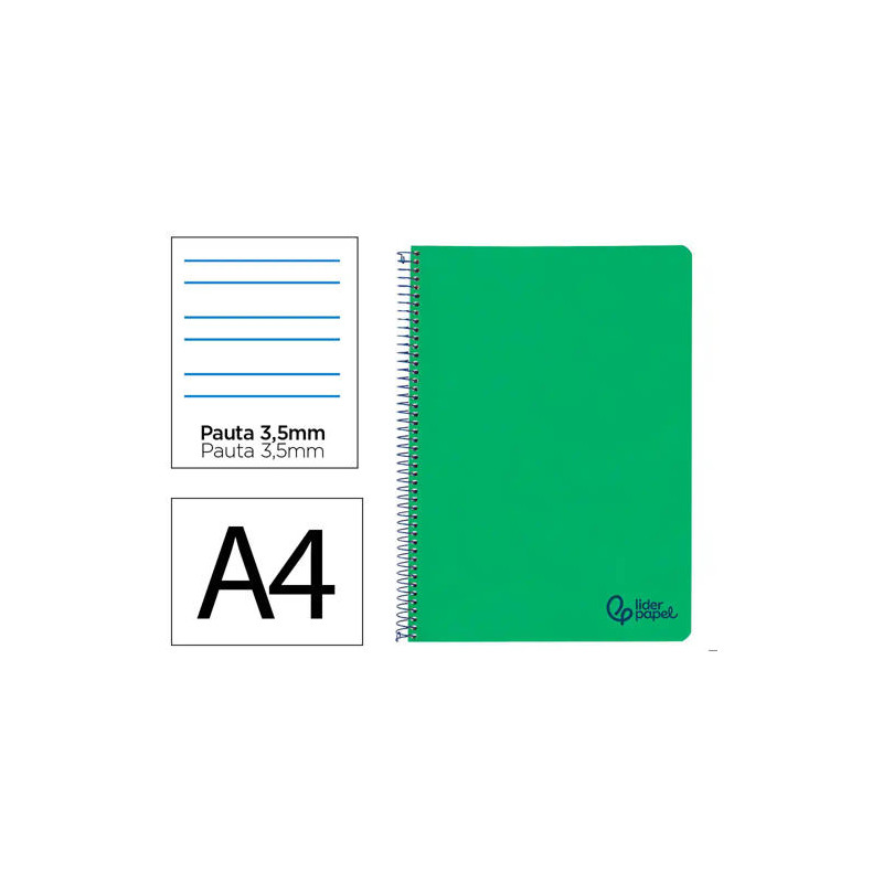 CUADERNO ESPIRAL LIDERPAPEL A4 WONDER TAPA PLASTICO 80H 90GR PAUTA ANCHA 3,5MM CON MARGEN COLOR VERD