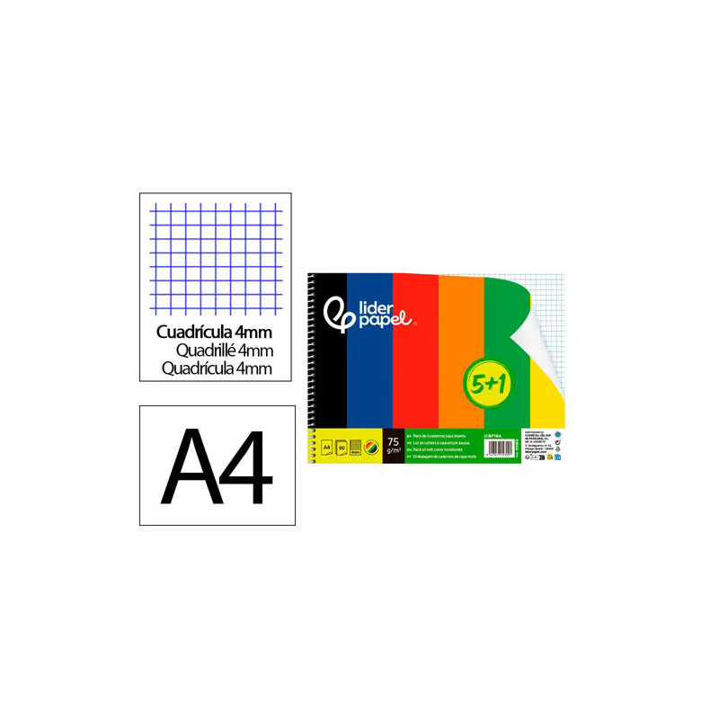 CUADERNO ESPIRAL LIDERPAPEL DIN A4 SMART TAPA BLANDA 80H 75GR CUADRO 4 MM CON MARGEN PACK 5+1 COLORE