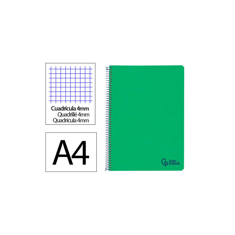 CUADERNO ESPIRAL LIDERPAPEL A4 WONDER TAPA PLASTICO 80H 90GR CUADRO 4MM CON MARGEN COLOR VERDE OSCUR