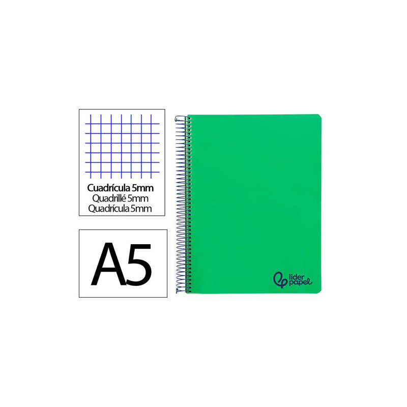 CUADERNO ESPIRAL LIDERPAPEL A5 MICRO WONDER TAPA PLASTICO 120H 90GR CUADRO 5MM 5 BANDAS 6 TALADROS C