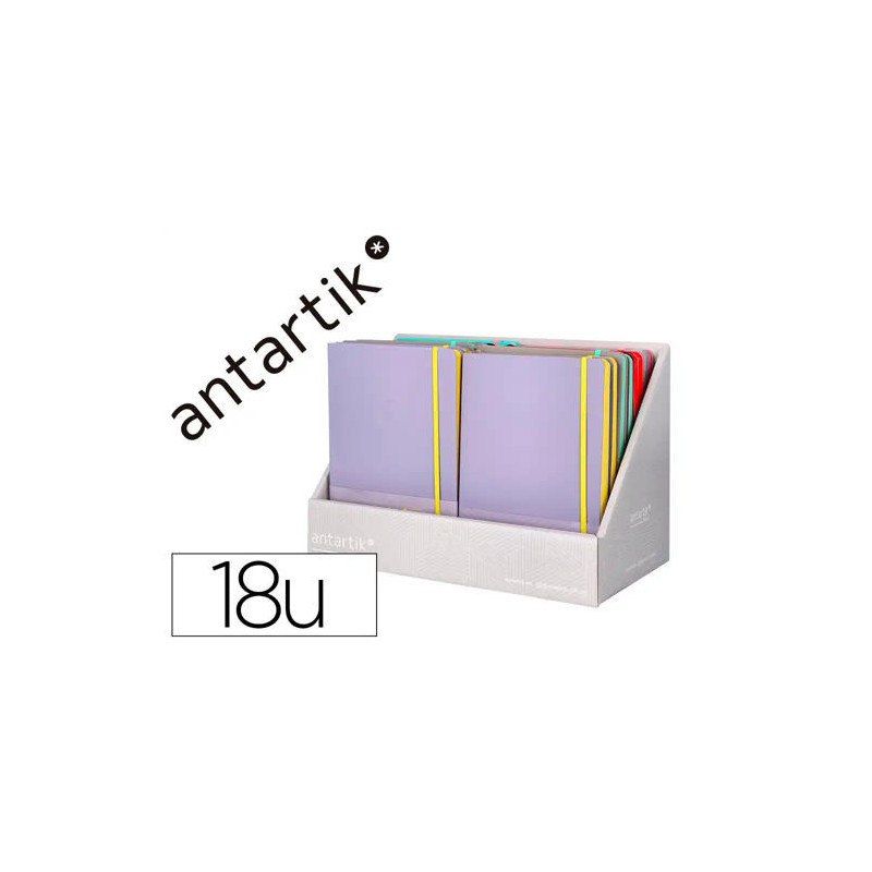 CUADERNO CON GOMILLA ANTARTIK NOTE TAPA DURA Y BLANDA BICOLOR EXPOSITOR DE 18 UNIDADES SURTIDAS