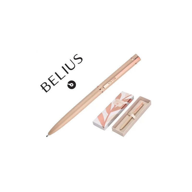 BOLIGRAFO BELIUS ROSE ALUMINIO COLOR BEIGE CLARO ORO ROSA TINTA AZUL CAJA DE DISEÑO