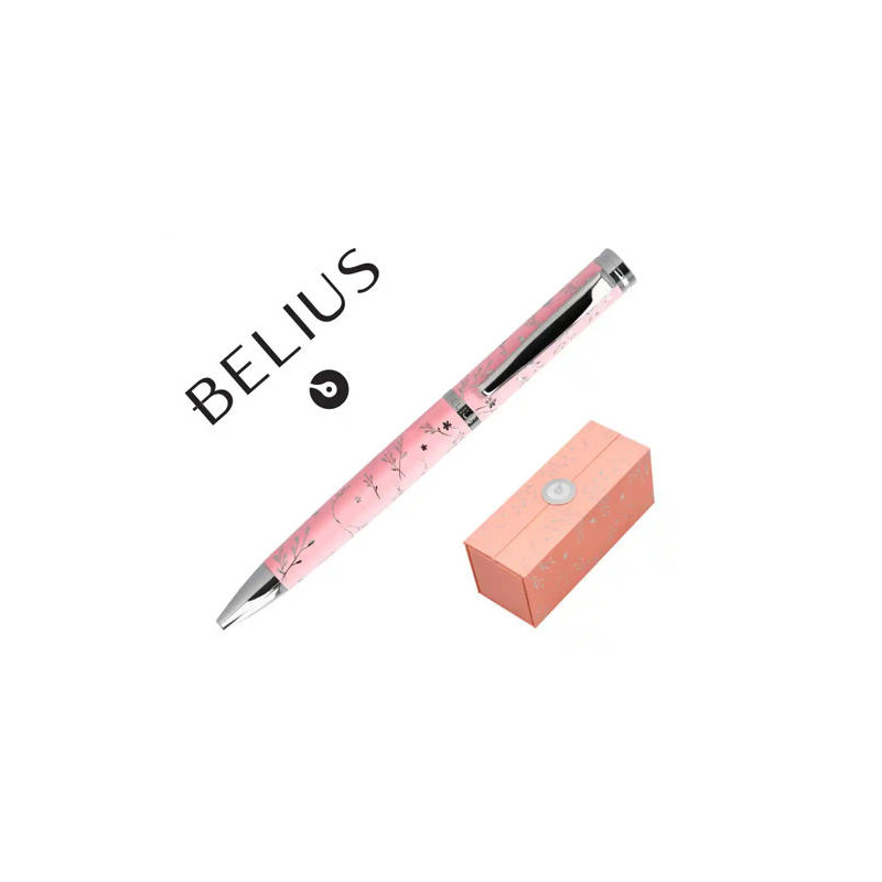 BOLIGRAFO BELIUS BELLA ALUMINIO COLOR ROSA DISEÑO PLATEADO RELIEVE TINTA AZUL CAJA DE DISEÑO