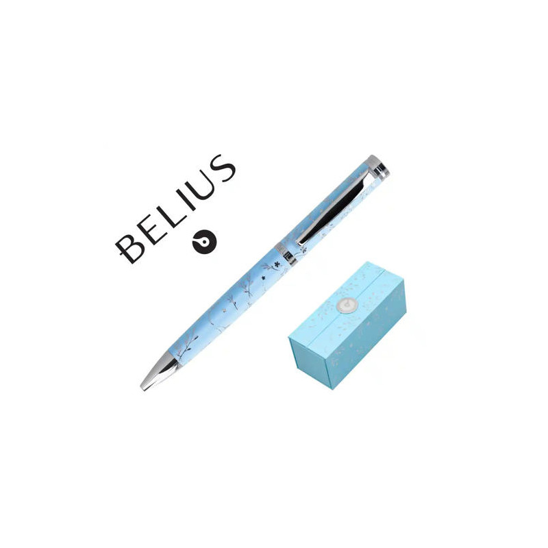 BOLIGRAFO BELIUS BELLA ALUMINIO COLOR AZUL CELESTE DISEÑO PLATEADO RELIEVE TINTA AZUL CAJA DE DISEÑO