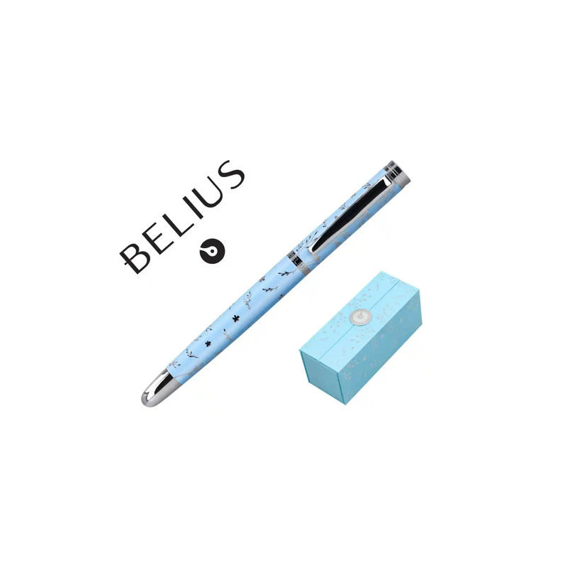PLUMA BELIUS BELLA ALUMINIO COLOR AZUL CELESTE DISEÑO PLATEADO RELIEVE TINTA AZUL CAJA DE DISEÑO