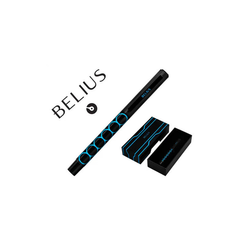 BOLIGRAFO BELIUS LEGACY ALUMINIO DISEÑO CIRCULOS AZUL CUERPO NEGRO TINTA COLOR AZUL CAJA DE DISEÑO