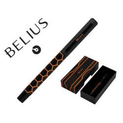 BOLIGRAFO BELIUS LEGACY ALUMINIO DISEÑO HEXAGONO NARANJA CUERPO NEGRO TINTA COLOR AZUL CAJA DE DISEÑ