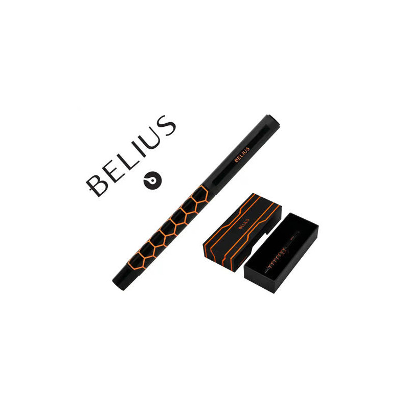 BOLIGRAFO BELIUS LEGACY ALUMINIO DISEÑO HEXAGONO NARANJA CUERPO NEGRO TINTA COLOR AZUL CAJA DE DISEÑ