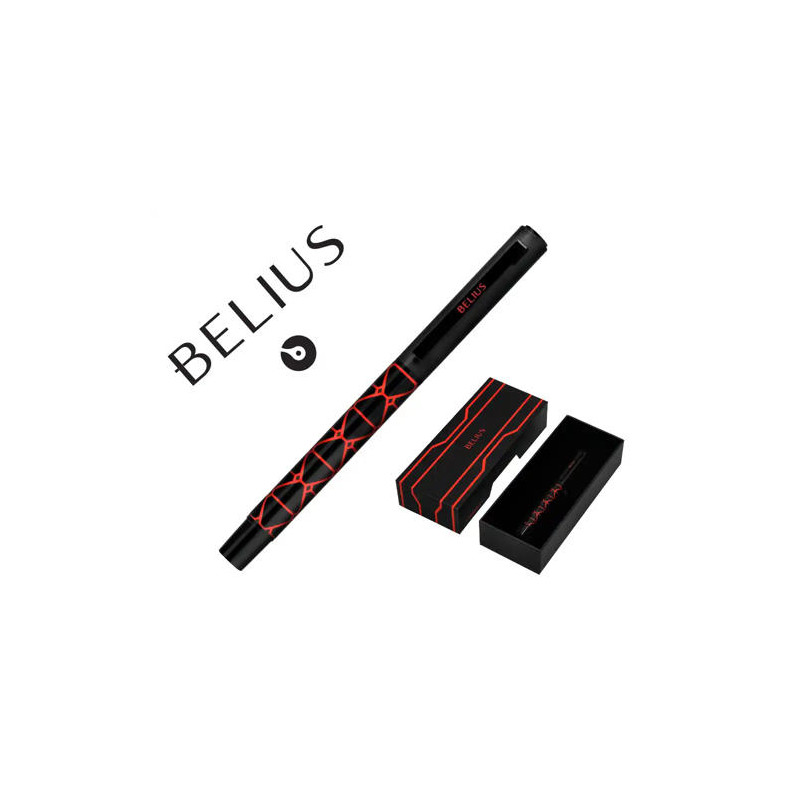 BOLIGRAFO BELIUS LEGACY ALUMINIO DISEÑO TRIANGULO ROJO CUERPO NEGRO TINTA COLOR AZUL CAJA DE DISEÑO