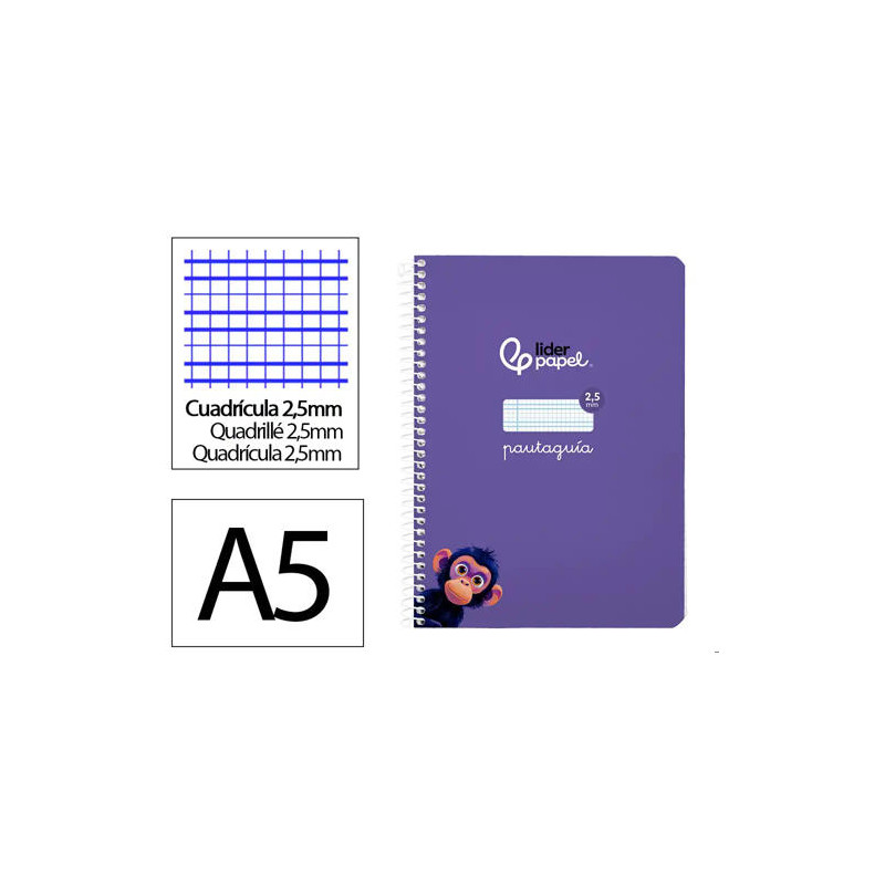 CUADERNO ESPIRAL LIDERPAPEL DI N A5 PAUTAGUIA TAPA BLANDA 40H 75 GR CUADRO PAUTADO 2,5MM COLOR LILA