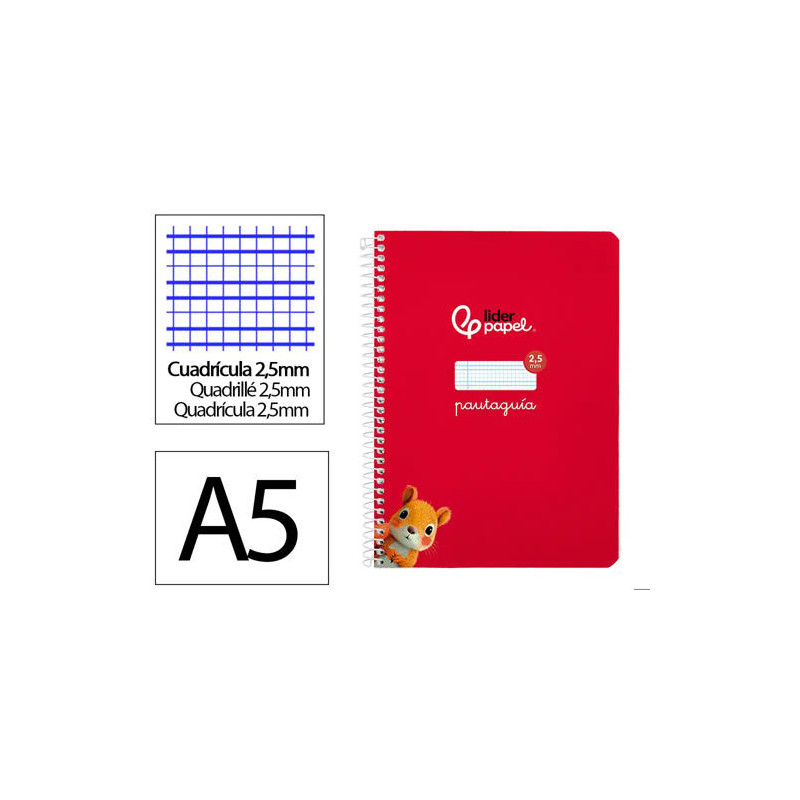 CUADERNO ESPIRAL LIDERPAPEL DI N A5 PAUTAGUIA TAPA BLANDA 40H 75 GR CUADRO PAUTADO 2,5MM COLOR ROJO