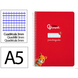 CUADERNO ESPIRAL LIDERPAPEL DI N A5 PAUTAGUIA TAPA DURA 80H 90 GR CUADRO PAUTADO 3MM COLOR ROJO