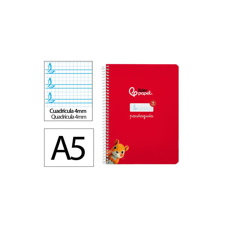 CUADERNO ESPIRAL LIDERPAPEL DI N A5 PAUTAGUIA TAPA DURA 80H 90 GR CUADRO PAUTADO 4MM COLOR ROJO