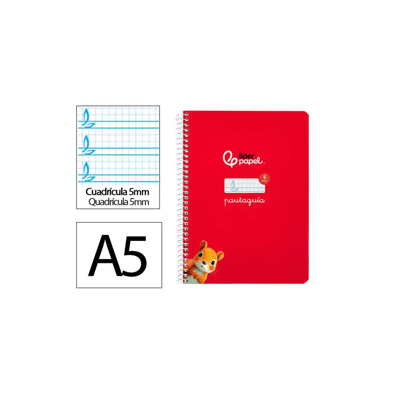 CUADERNO ESPIRAL LIDERPAPEL DI N A5 PAUTAGUIA TAPA DURA 80H 90 GR CUADRO PAUTADO 5MM COLOR ROJO