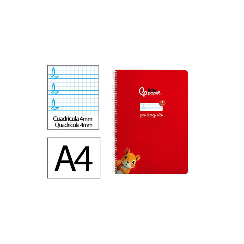 CUADERNO ESPIRAL LIDERPAPEL DIN A4 PAUTAGUIA TAPA DURA 80H 90 GR CUADRO PAUTADO 4MM COLOR ROJO