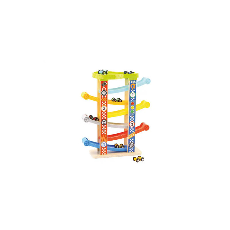 JUEGO INFANTIL IMAGINOVO MADERA TORRE DE DESLIZAMIENTO CON 7 NIVELES INCLUYE 6 COCHES +18 MESES 38X3