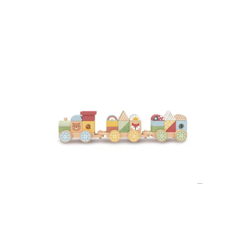 JUEGO INFANTIL IMAGINOVO MADERA TREN FIGURAS APILABLES CON RUEDAS +18 MESES 38X9,5X7,5CM