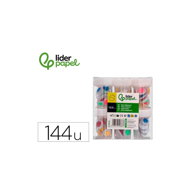 OJO LIDERPAPEL 15 MM BLANCO CON PUPILA DE COLORES SURTIDOS PACK DE 144 UNIDADES