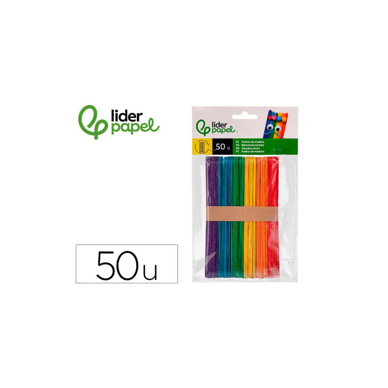 PALITOS DE MADERA LIDERPAPEL COLORES SURTIDOS 15X1,8 CM BOLSA CON 50 UNIDADES