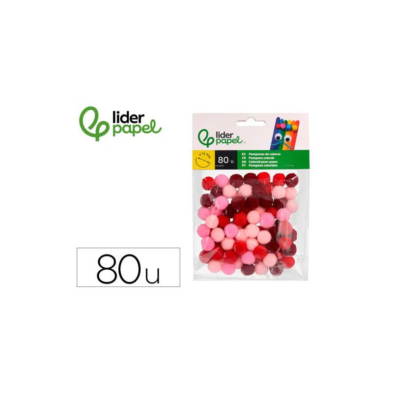 POMPONES DE COLORES LIDERPAPEL 1,5 CM TONALIDADES ROJAS BOLSA CON 80 UNIDADES